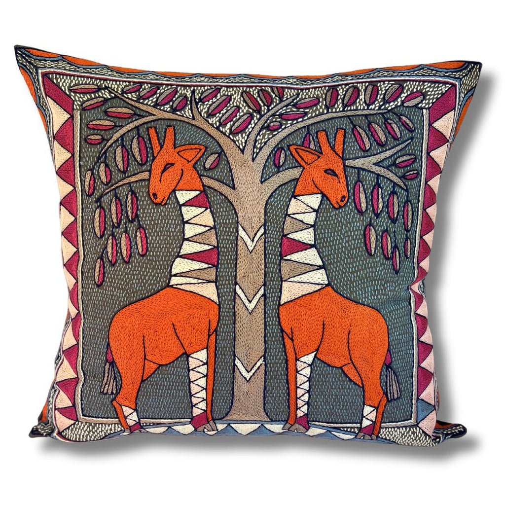 Ruby Sunset Giraffes Grazing Large Hand-Embroidered Cushion Cover
