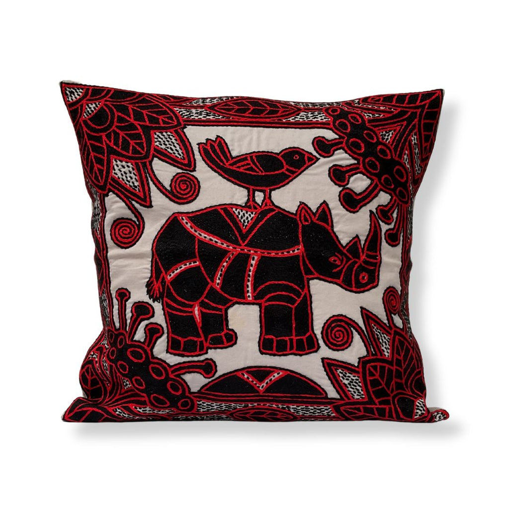 Royal Zulu Rhino in Bloom Hand-Embroidered Cushion Cover