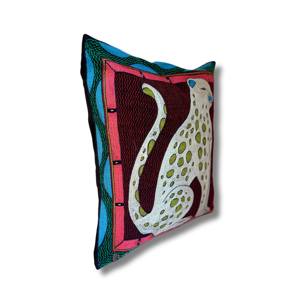 Turaco Leoprad Hand-Embroidered Cushion Cover