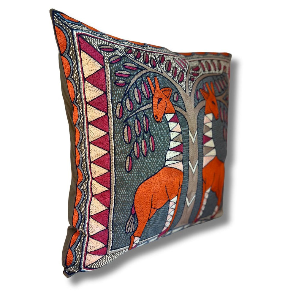 Ruby Sunset Giraffes Grazing Large Hand-Embroidered Cushion Cover