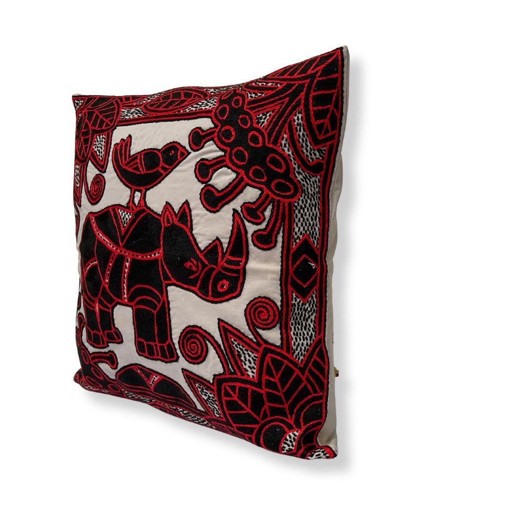 Royal Zulu Rhino in Bloom Hand-Embroidered Cushion Cover