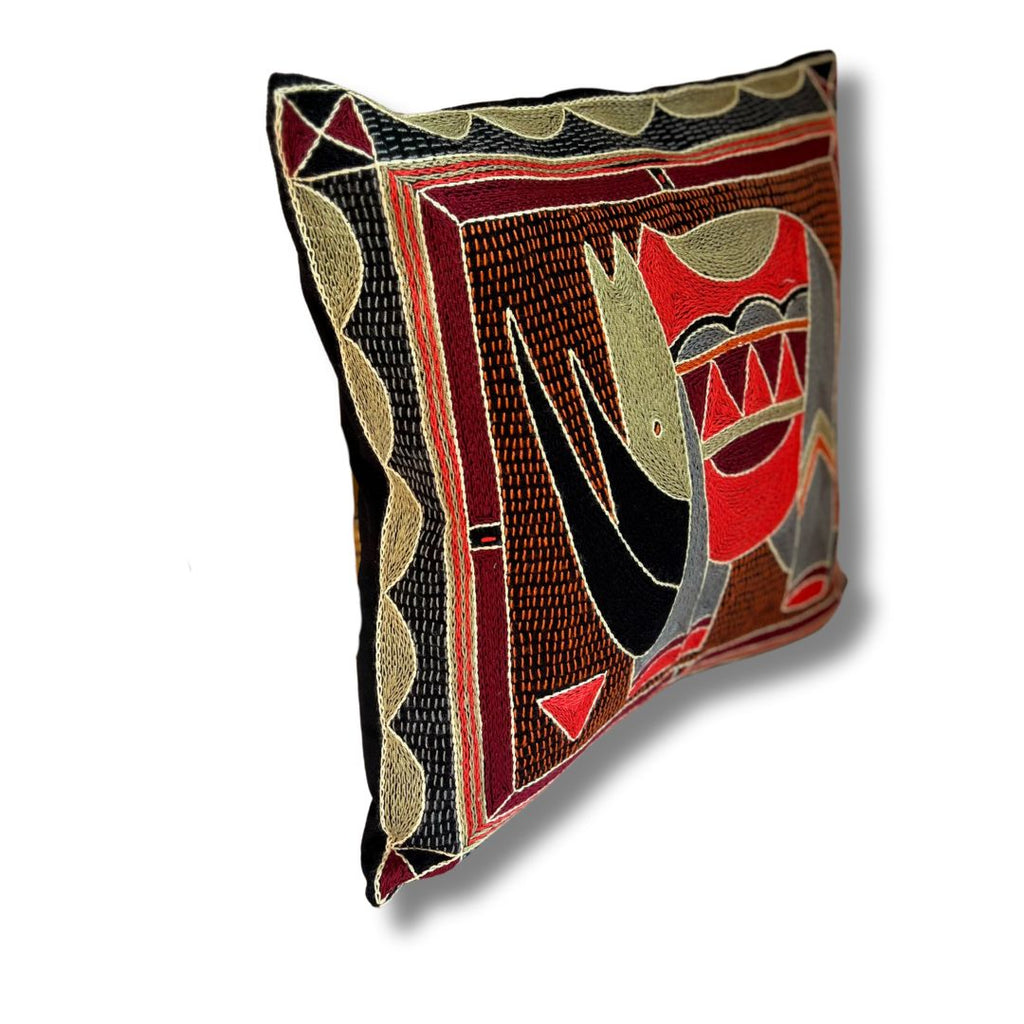 Royal Zulu Rhino Hand-Embroidered Cushion Cover