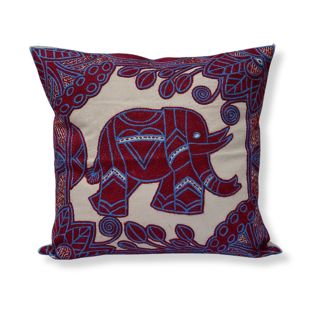 Turaco Elephant in Bloom Hand-Embroidered Cushion Cover